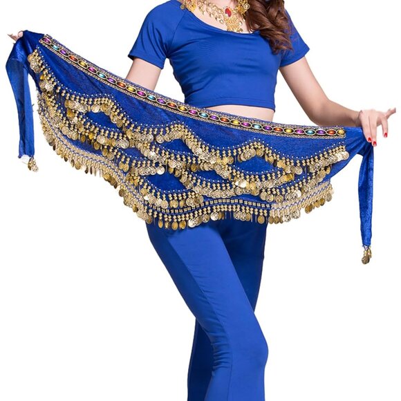 Women's Triangular Belly Dance Hip Scarf Wrap Navy Blue Skirts with Gold Coins - Picture 4 of 4
